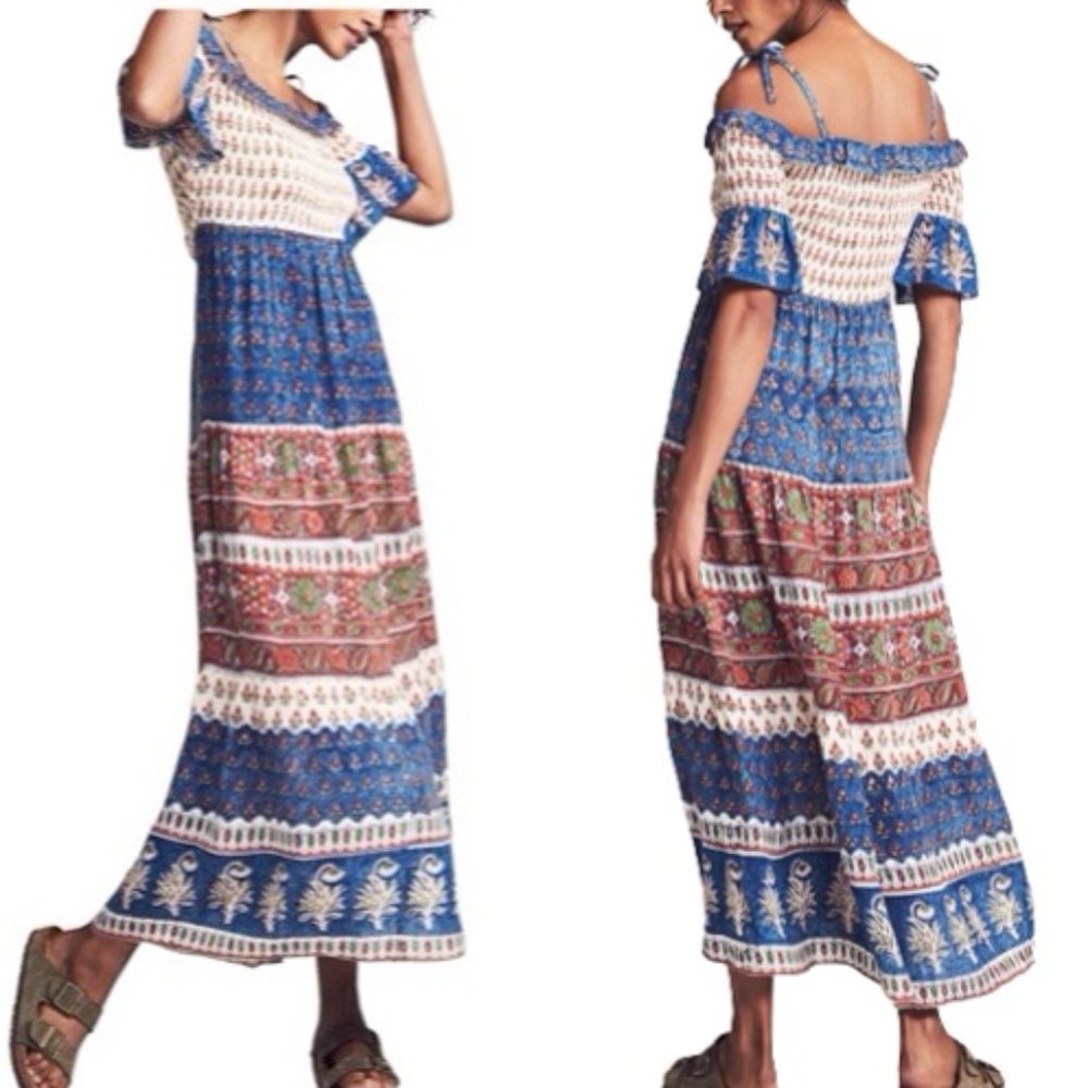 FAHERTY Sylvie Cutout Tie-Strap Boho Lagenlook Maxi in Blue Multi ColorNWT